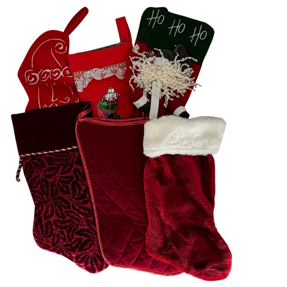 Set of 6 Red Christmas Stockings Mixed Styles Velvet Quilted Holiday Santa Decor
